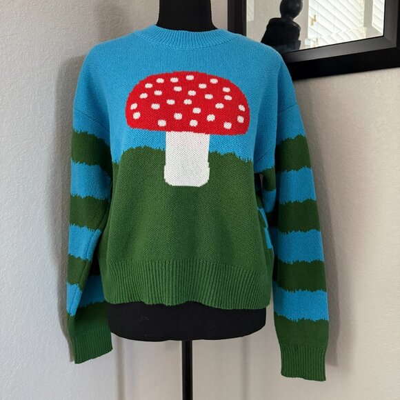 ZARA Mushroom Toadstool Blue Green Striped Check Quirky Indie Sweater Medium - Picture 5 of 15